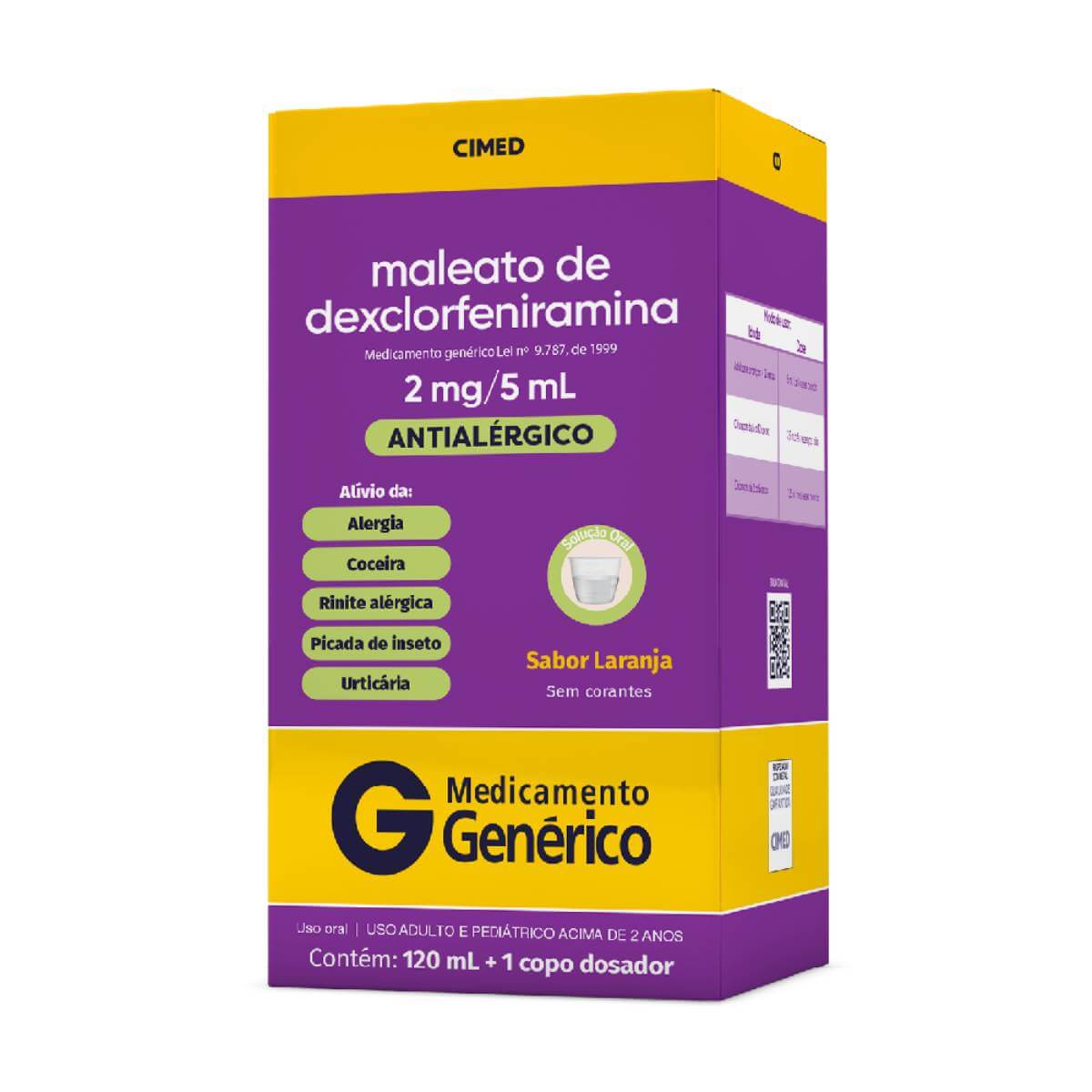 Maleato de Dexclorfeniramina 2mg/5ml Solucao Oral Sabor Laranja 120ml Cimed Generico