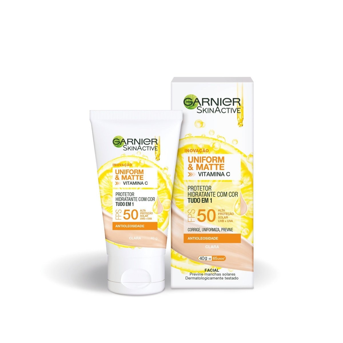 Protetor Solar Facial Garnier SkinActive Uniform & Matte Vitamina C cor Clara FPS50 40g