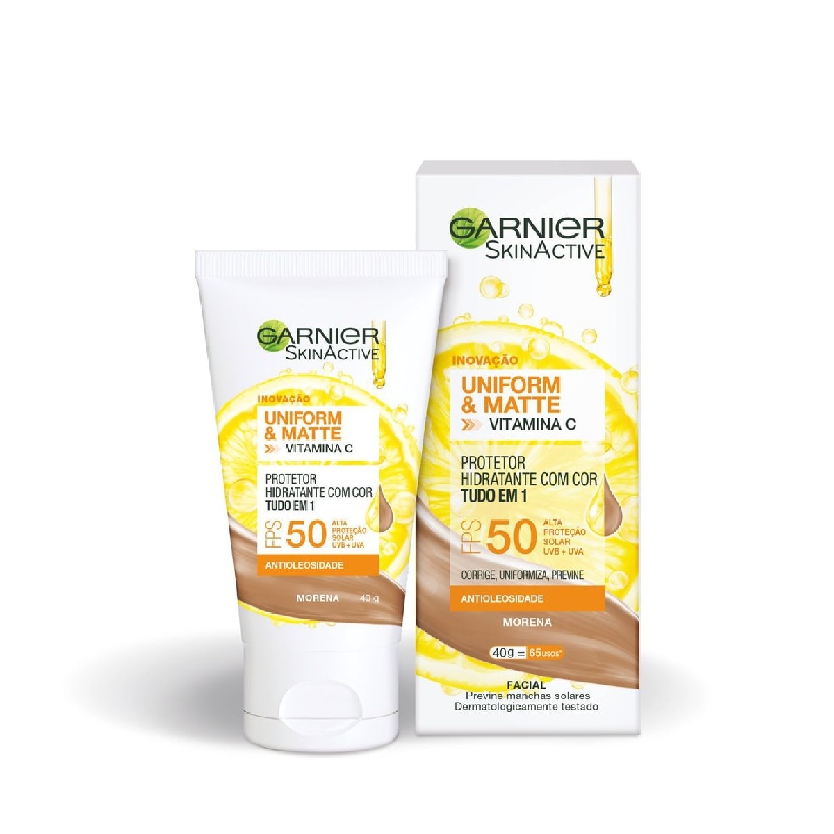 Protetor Solar Facial Garnier SkinActive Uniform & Matte Vitamina C cor Morena FPS50 40g