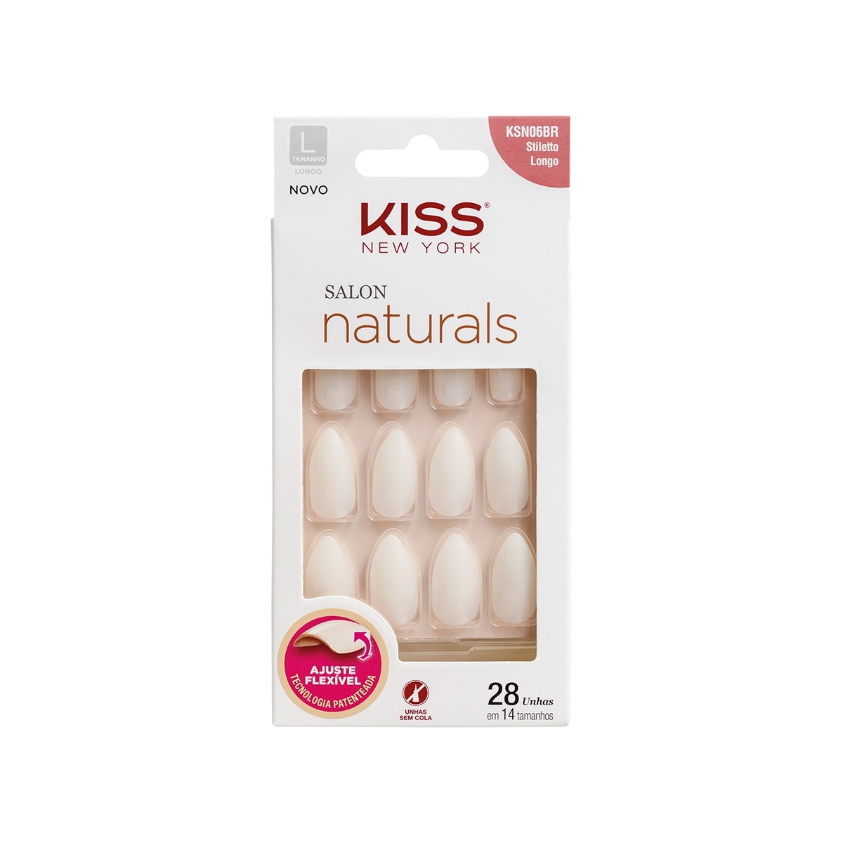 Unhas Posticas Kiss New York Salon Naturals Stiletto Longo 28 Unidades