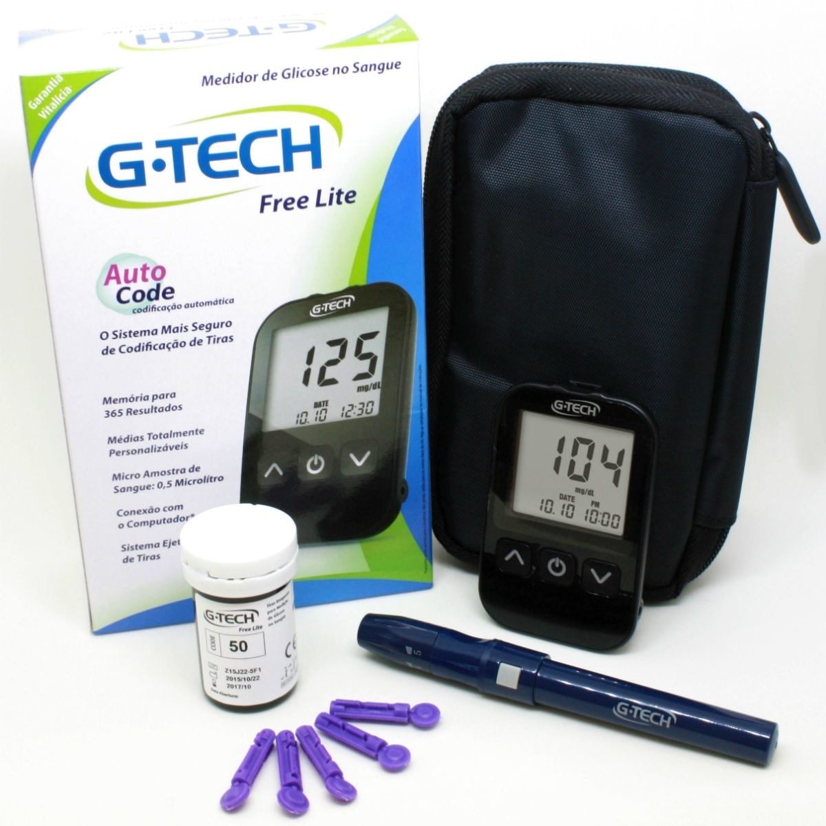 Kit Medidor de Glicose G-Tech Free Lite 10 Tiras 10 Lancetas 1 Lancetador