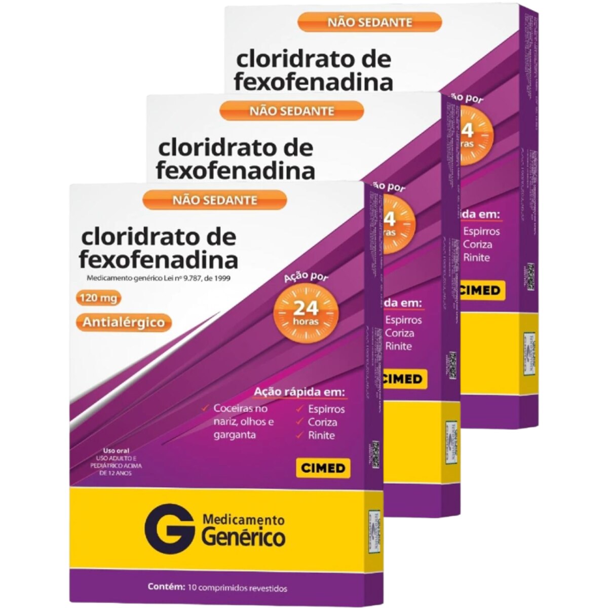 Kit 3 Unidades Cloridrato de Fexofenadina 120mg 10 Comprimidos Revestidos Cimed Genérico