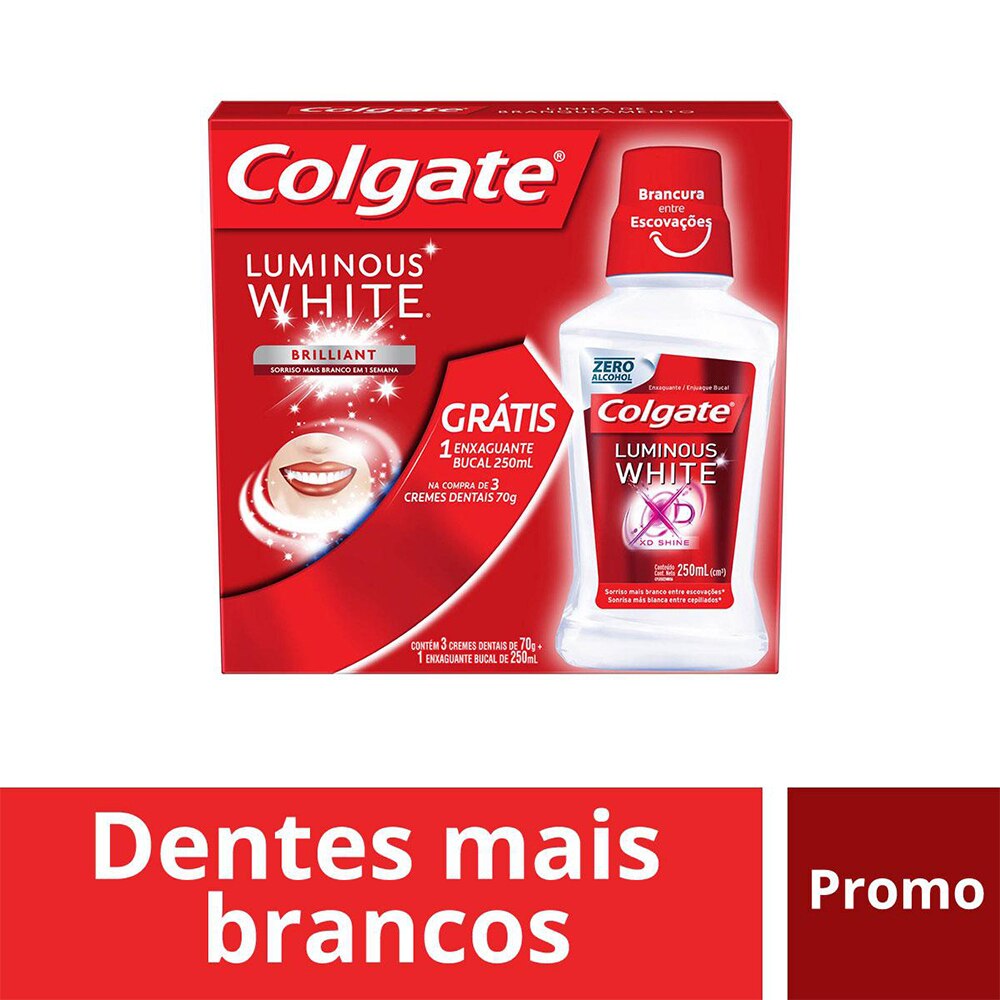 Kit Creme Dental Colgate Luminous White 3 Unidades 70g + Enxaguante Bucal