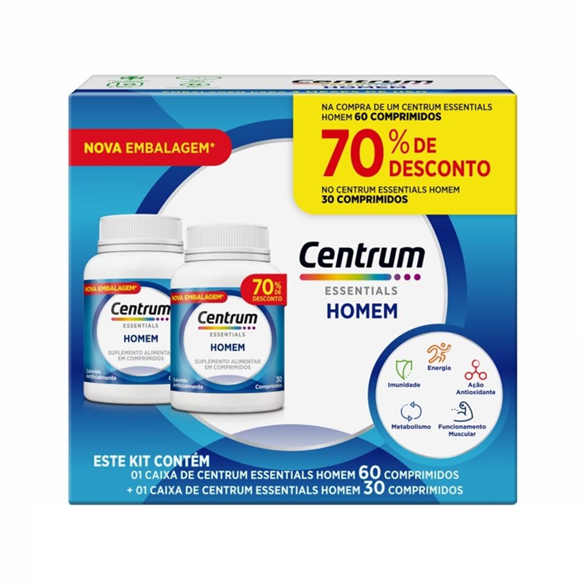 Kit Centrum Essentials Homem 60 Comprimidos + 30 Comprimidos com 70% Desconto
