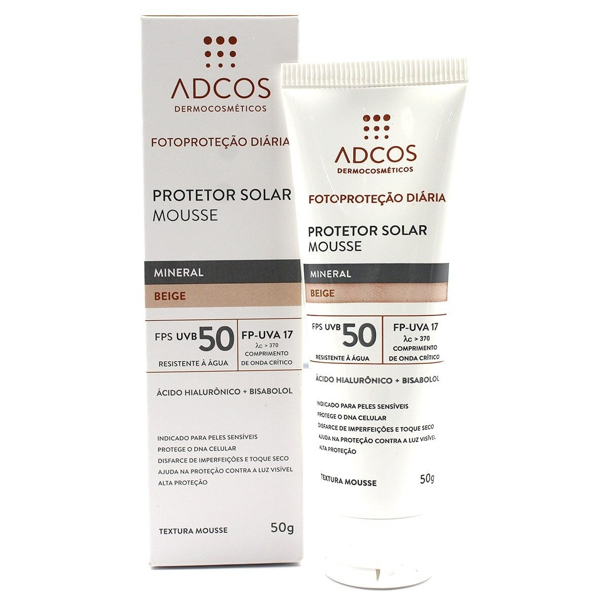 Protetor Solar Facial Mousse Adcos Mineral FPS50 Beige 50g
