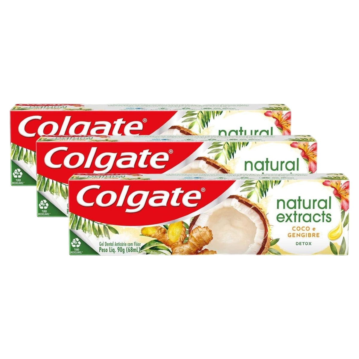 Kit 3 Unidades Creme Dental Colgate Natural Extracts Detox Coco e Gengibre 90g