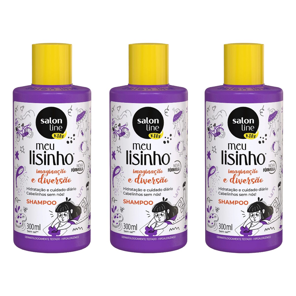 <p>Kit 3 Unidades Shampoo Salon Line Meu Lisinho Kids Imaginação e Diversão 300ml</p>