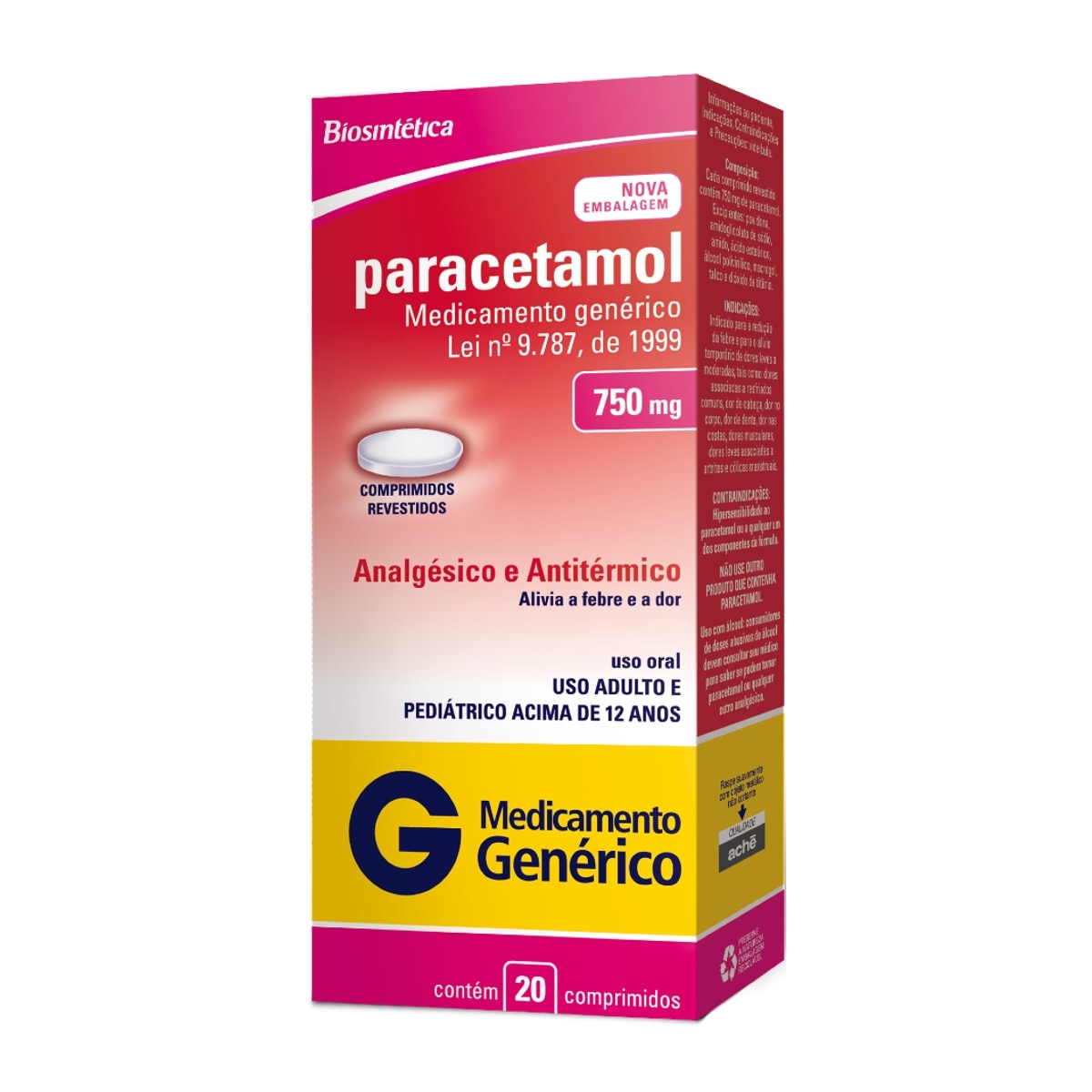 Paracetamol 750mg 20 Comprimidos Revestidos Biosintetica Generico