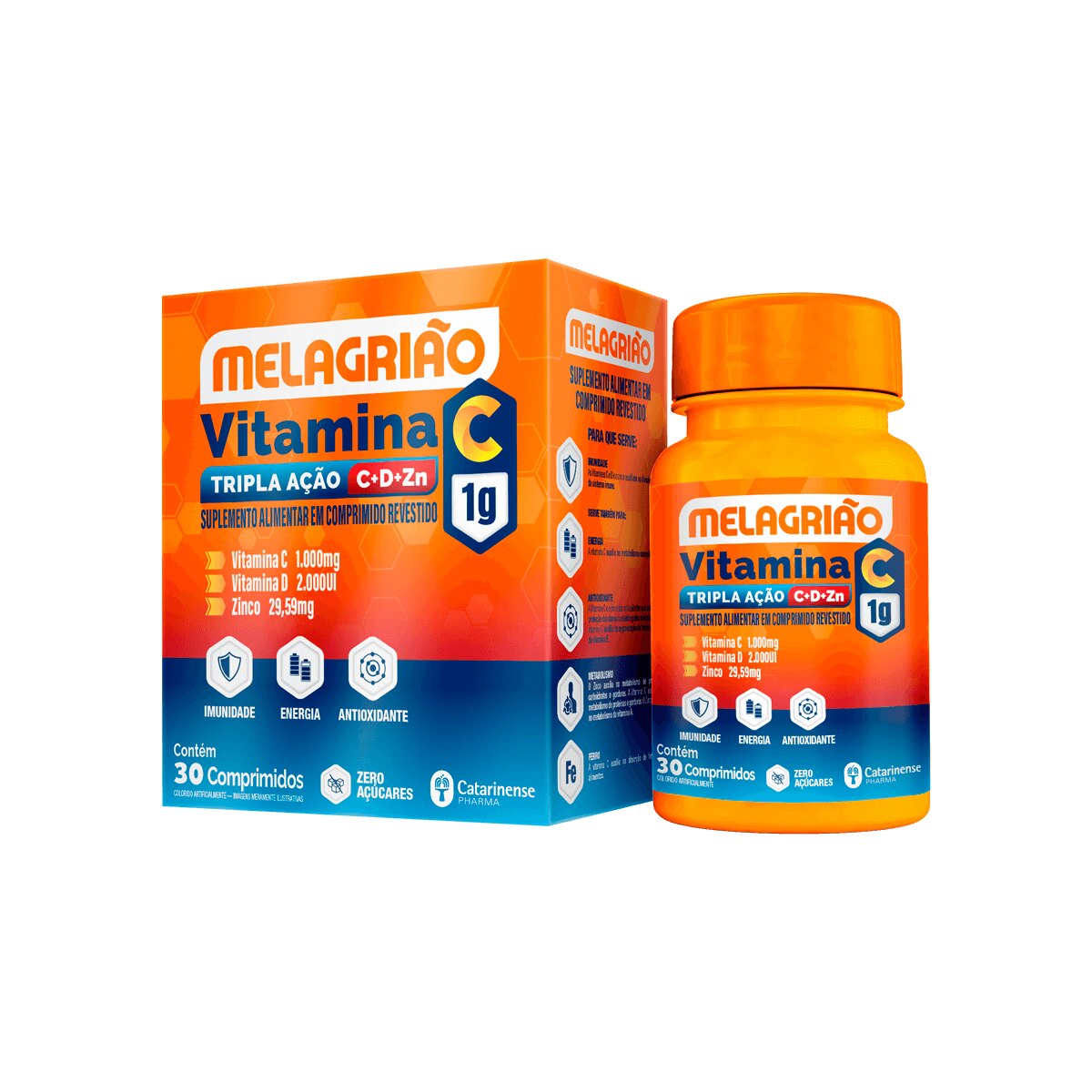 Melagriao Catarinense Pharma Vitamina C 1g Tripla Acao C+D+Zn 30 Comprimidos