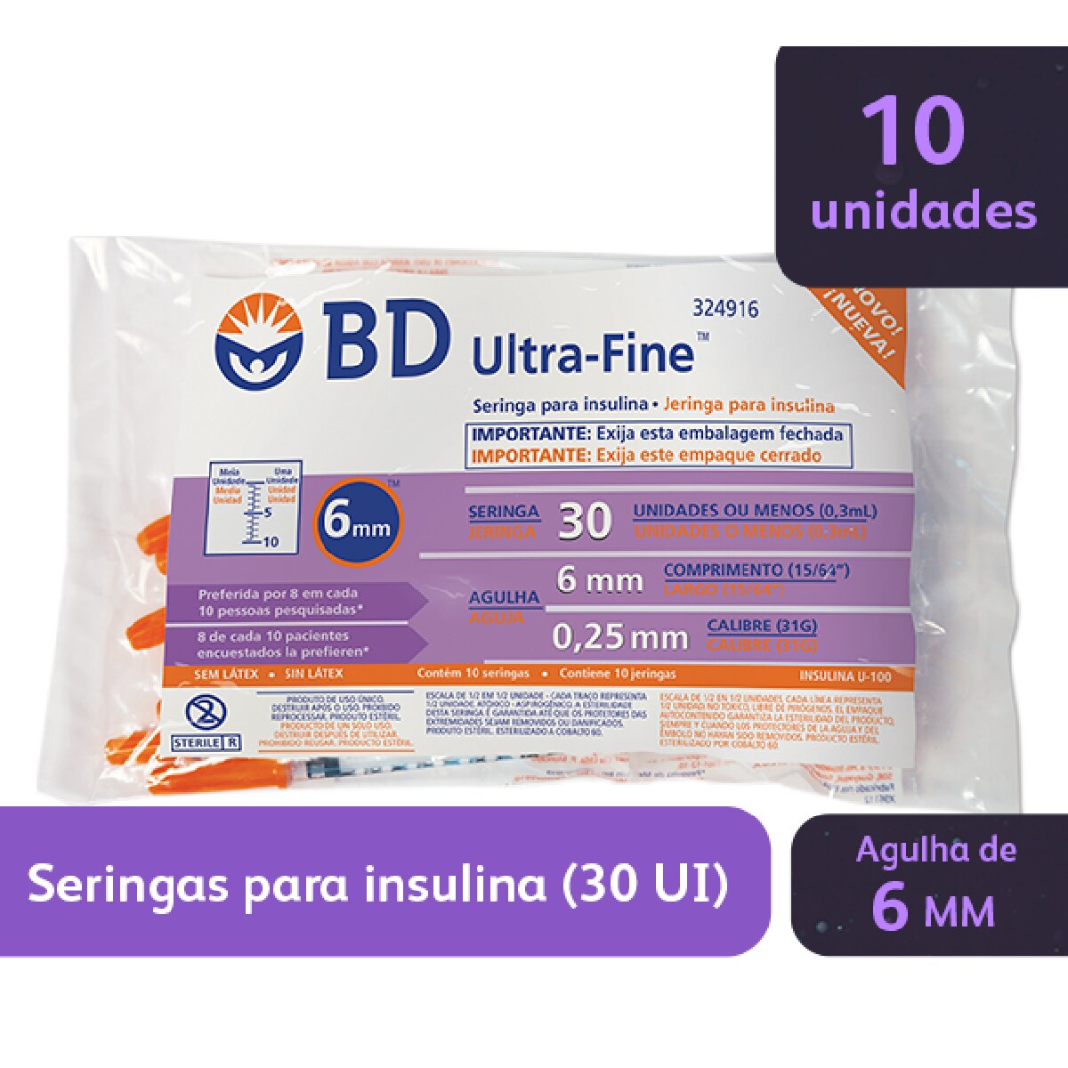 Seringa de Insulina BD Ultra-Fine 6mm 30UI 10 Unidades