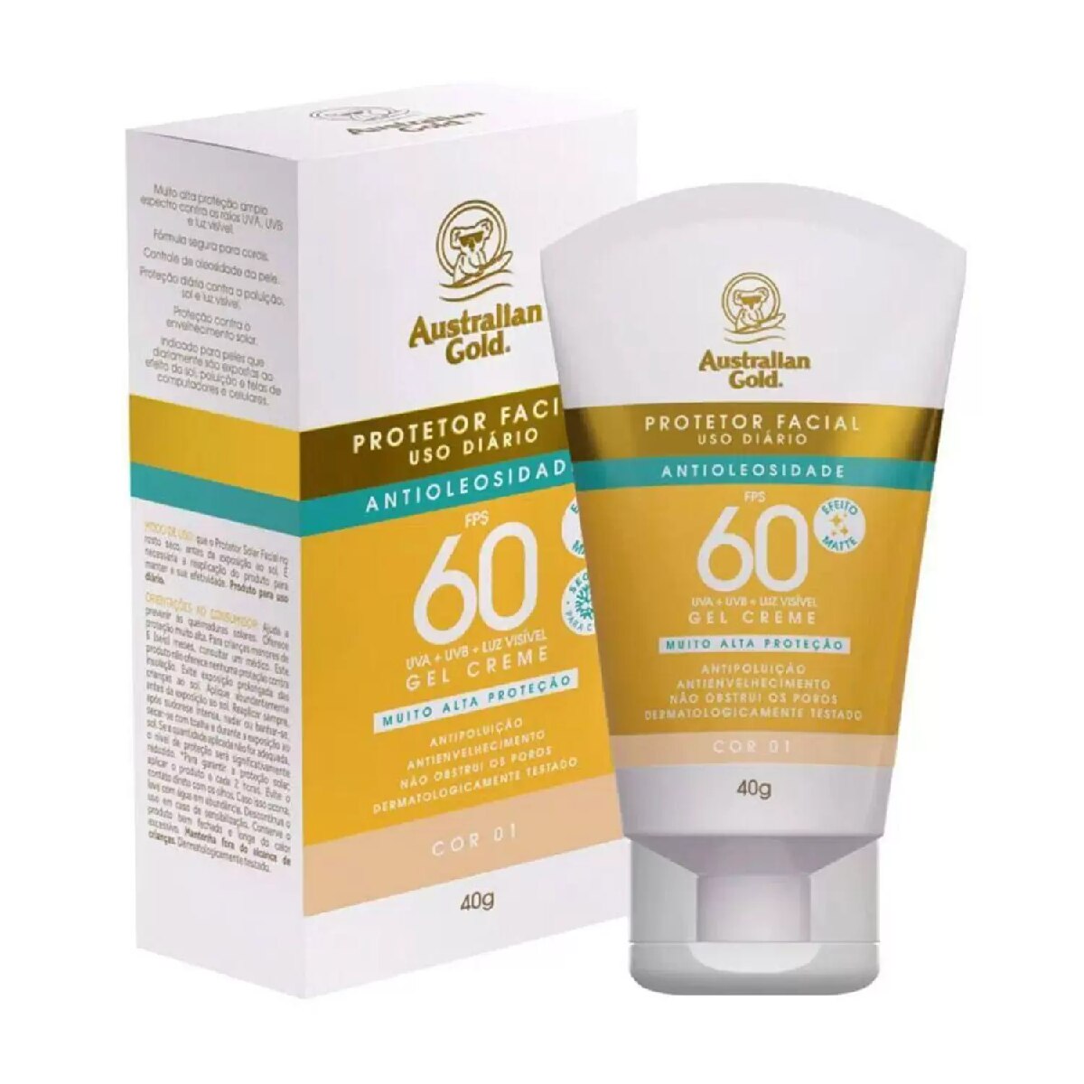 Protetor Solar Facial Australian Gold FPS60 Antioleosidade Gel Creme Cor 01 com 40g