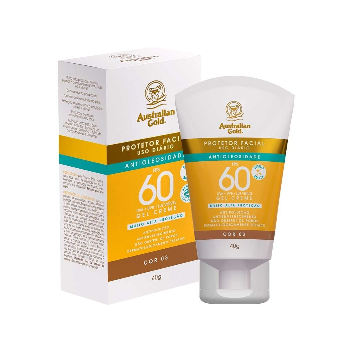 Protetor Solar Facial Australian Gold FPS60 Antioleosidade Gel Creme Cor 03 com 40g
