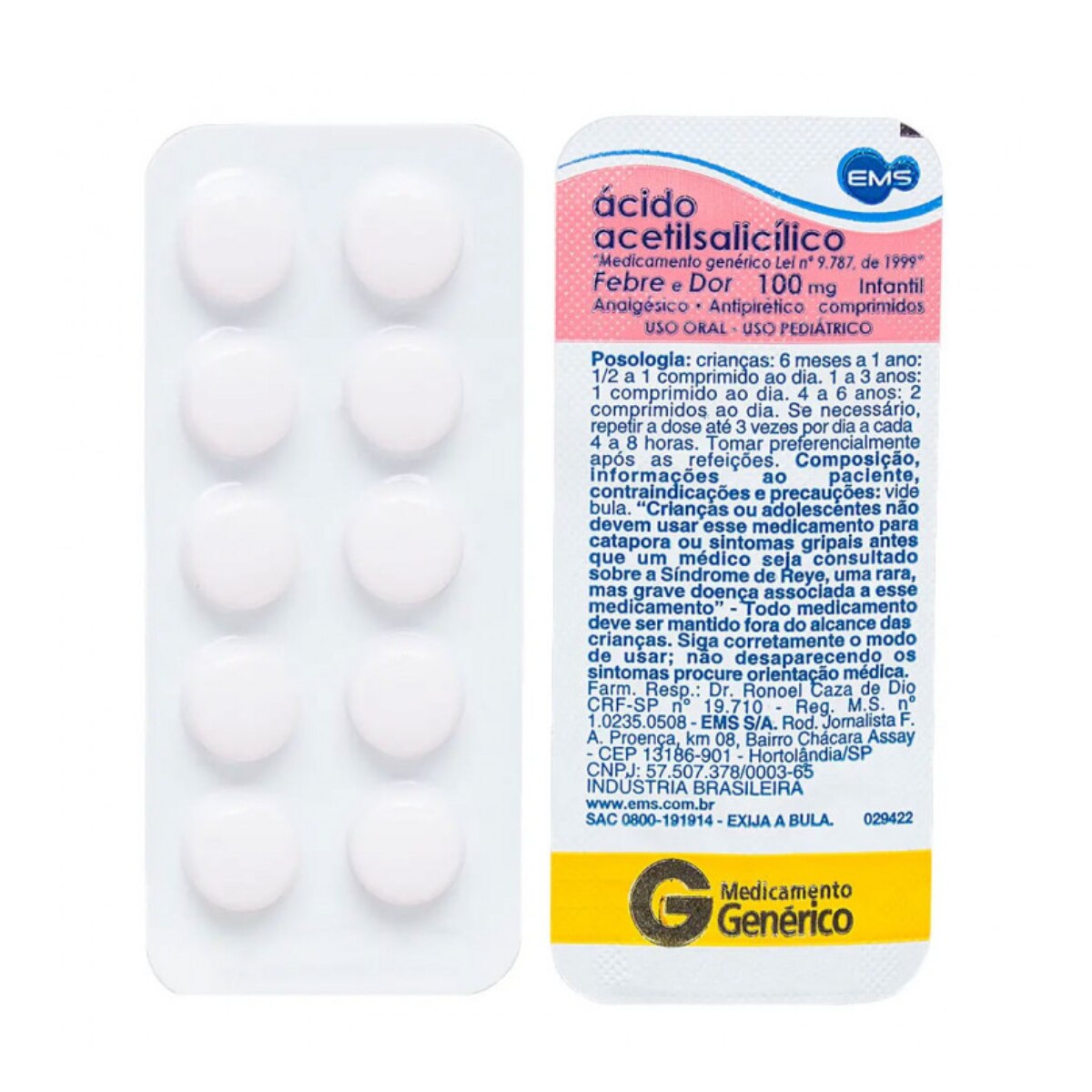 Acido Acetilsalicilico 100mg 10 Comprimidos EMS Generico