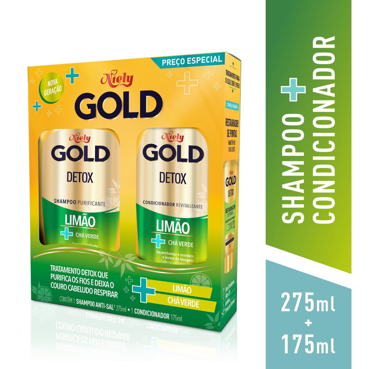 Kit Shampoo 275ml + Condicionador Niely Gold Detox Limao + Cha Verde 175ml