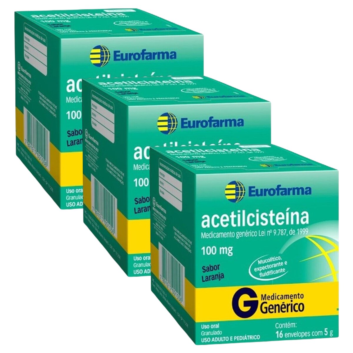 Kit 3 Unidades Acetilcisteína 100mg 16 Envelopes Eurofarma Genérico