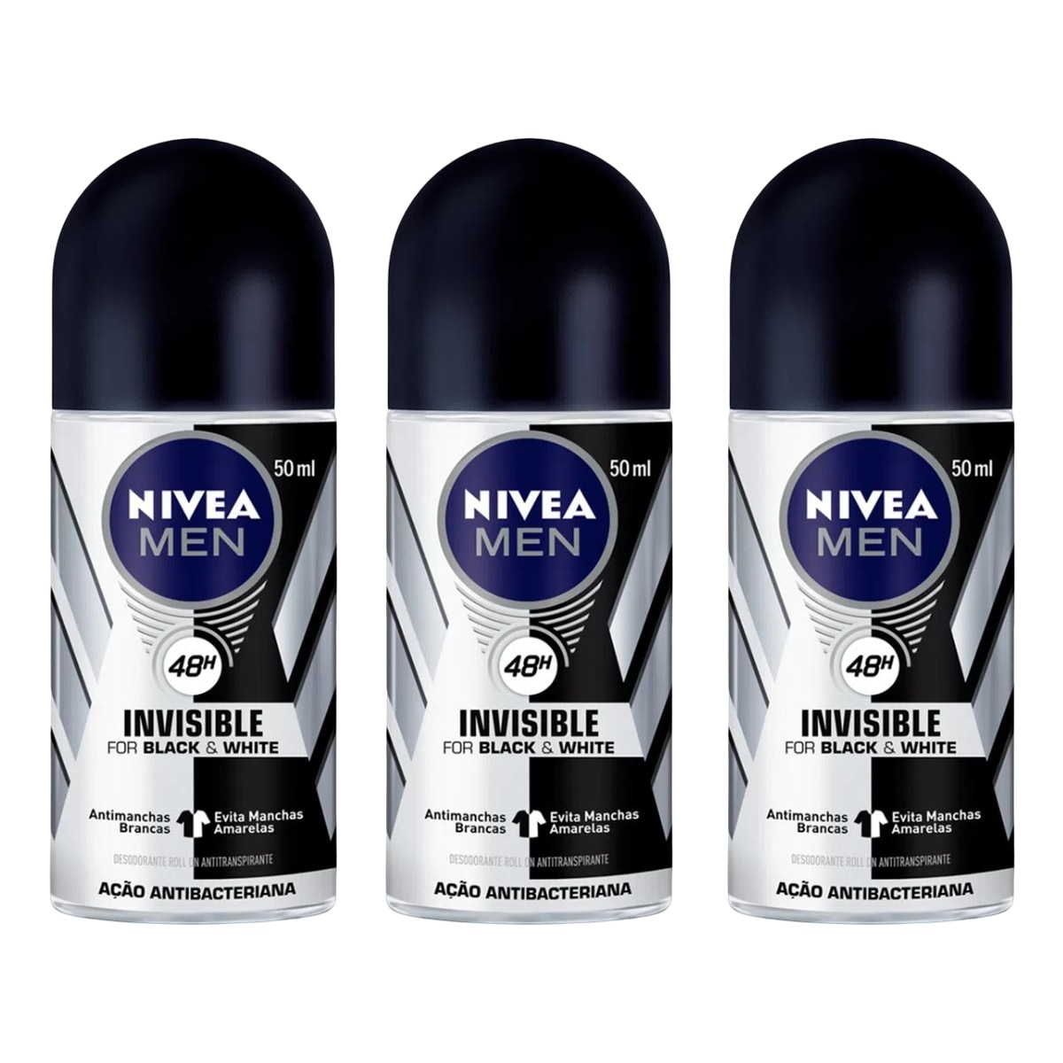 Kit 3 Unidades Desodorante Roll On Nivea Men Black & White Invisible 50ml