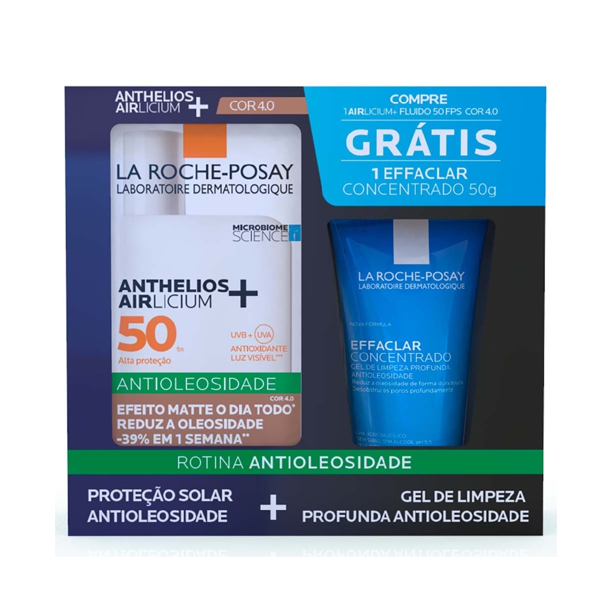 Kit Protetor Solar La Roche-Posay Anthelios Airlicium+ FPS50 Cor 4.0 40g + Gel de Limpeza Facial Effaclar Concentrado 50g