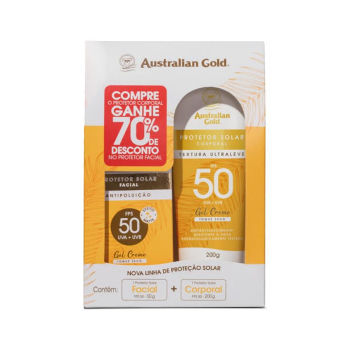 Kit Protetor Solar Corporal Australian Gold  FPS50 Gel Creme 200g Ganhe 70% Desconto Facial Antipoluicao 50g