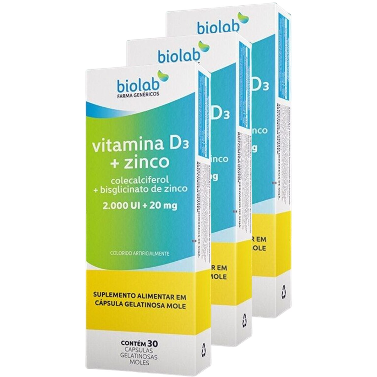 Kit 3 Unidades Vitamina D3 + Zinco 200UI + 20mg Biolab 30 Cápsulas